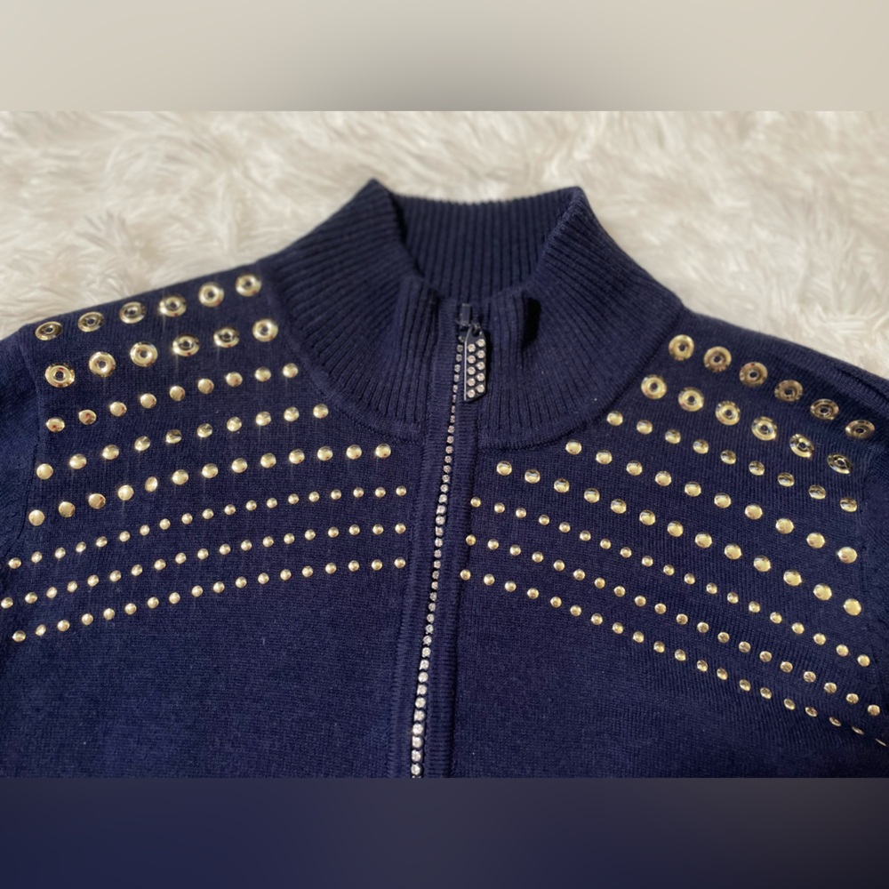 Belldini Mob Wife Bling Studded Y2K Preppy Rhinestone Zip Up Sweater Navy Blue M - Picture 3 of 9